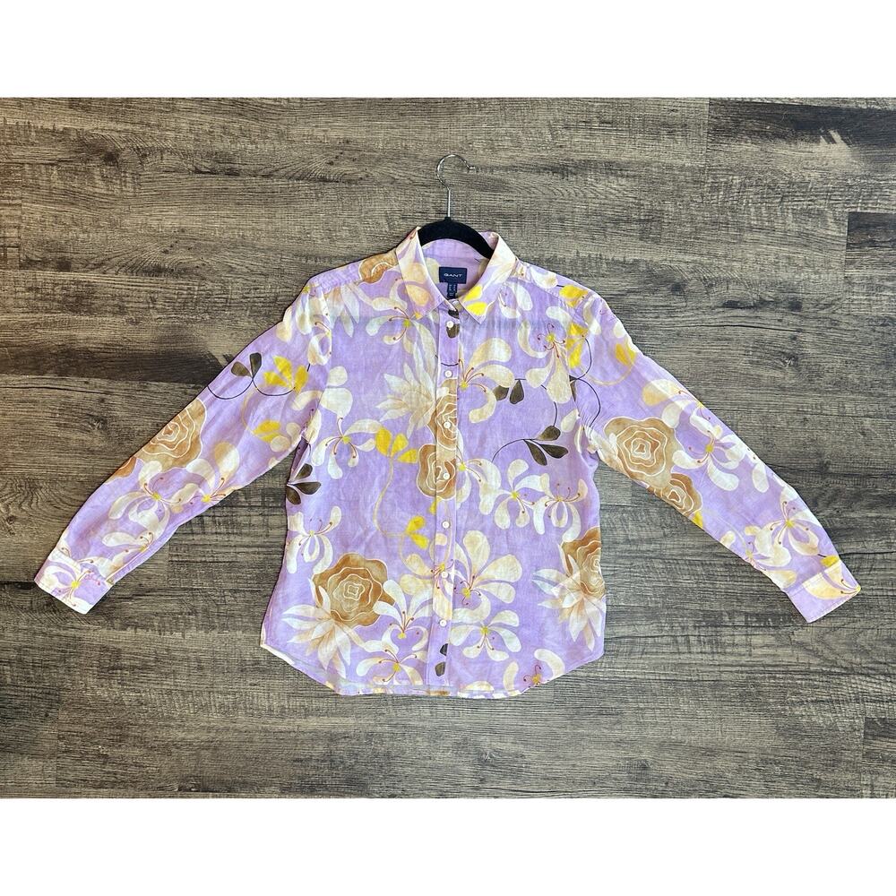 GANT Floral Blouse Women Size 10 Purple Pastel Button Up Shirt